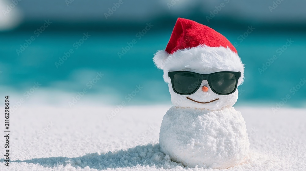 Obraz premium Snowman standing on a tropical beach. It is wearing a Santa hat and sunglasses, symbolizing warm Christmas themes
