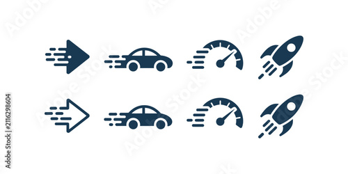 Speed icons, rocket, arrow, car and gauge symbols for fast performance, acceleration and motion vector illustration