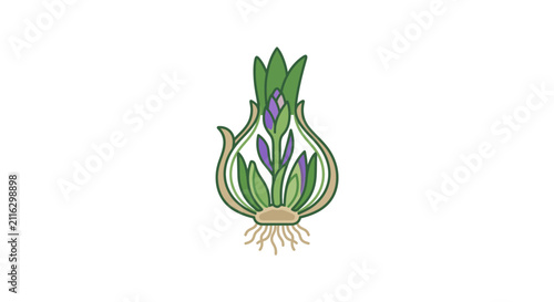 Stylized Iris Bulb with Emerging Flowers Vector Illustration
