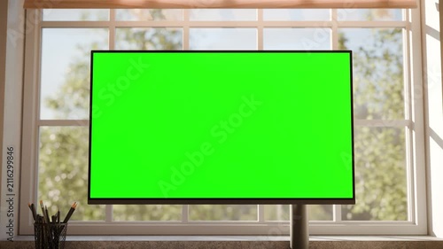 Desktop Computer Screen Mockup Collection in Bright Modern Office with Chroma Key and Tracking - Front View