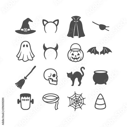 Foto A collection of various Halloween-themed icons including costumes, spooky creatu