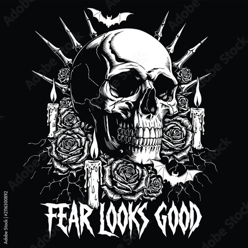 Skull gothic graphic illustration with roses candles and bats featuring fear looks good hand drawn lettering in metal music style.