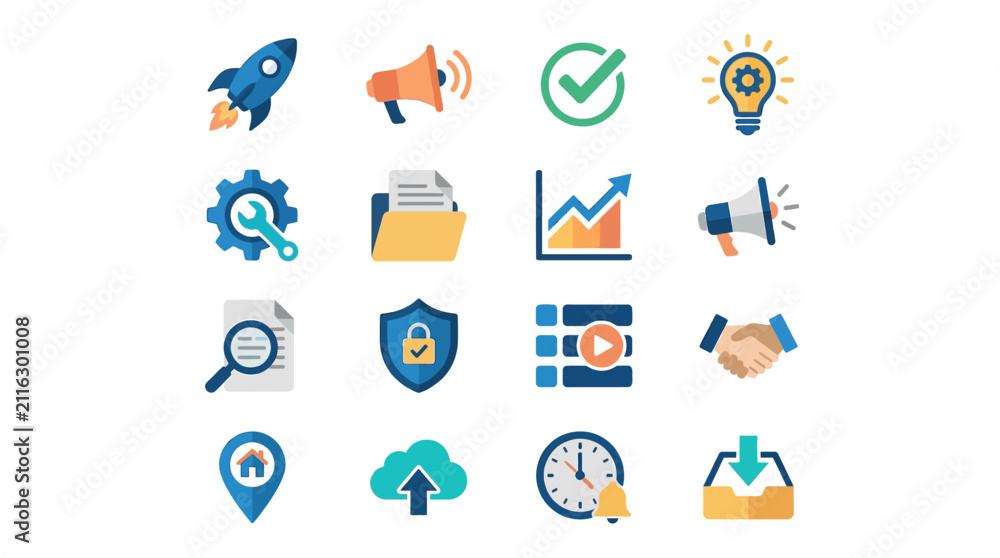 Fototapeta premium Clean Flat Icons Set Showcasing Business Marketing Technology and Productivity Concepts in Bright Colors