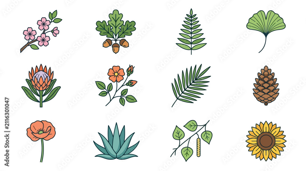 Naklejka premium Sleek Collection of 12 Minimalist Botanical Illustrations Showcasing Flowers Leaves and Seeds in Earthy Tones