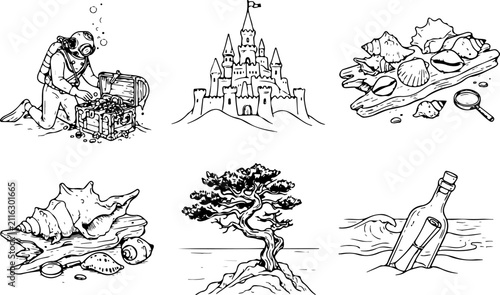 Black and white nautical line art vector set featuring a diver, treasure chest, sandcastle, seashells, ocean tree, and message in a bottle.