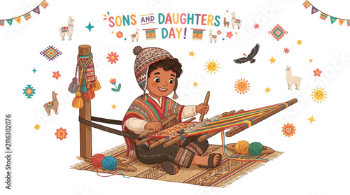 Little boy weaving traditional textile on loom for sons and daughters day illustration