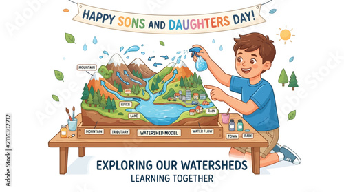 Young boy learning about water cycle using educational watershed model on wooden table illustration