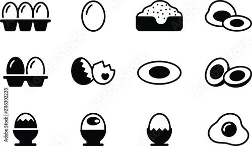 Obraz na płótnie Egg Silhouette Icon Collection with Whole Boiled Fried Cracked and Carton Egg Ve