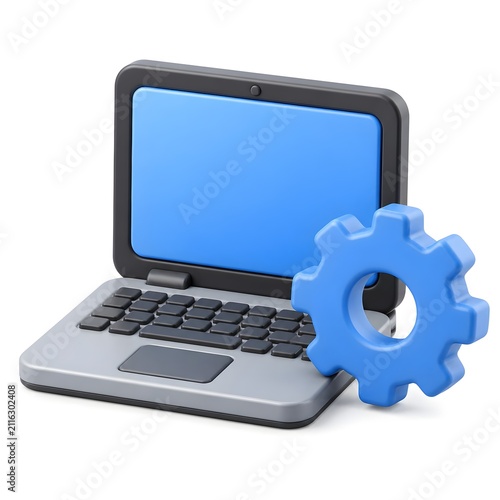 icon depicting an open laptop with a gear beside it, symbolizing system settings, configuration, and technology