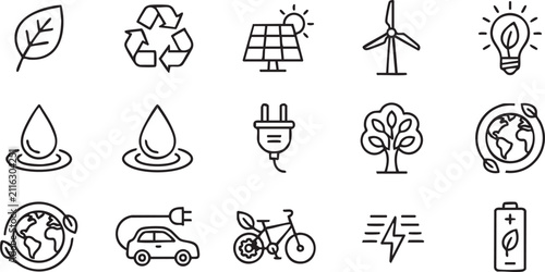 Eco friendly line icon set representing renewable energy green technology recycling and environmental sustainability concepts