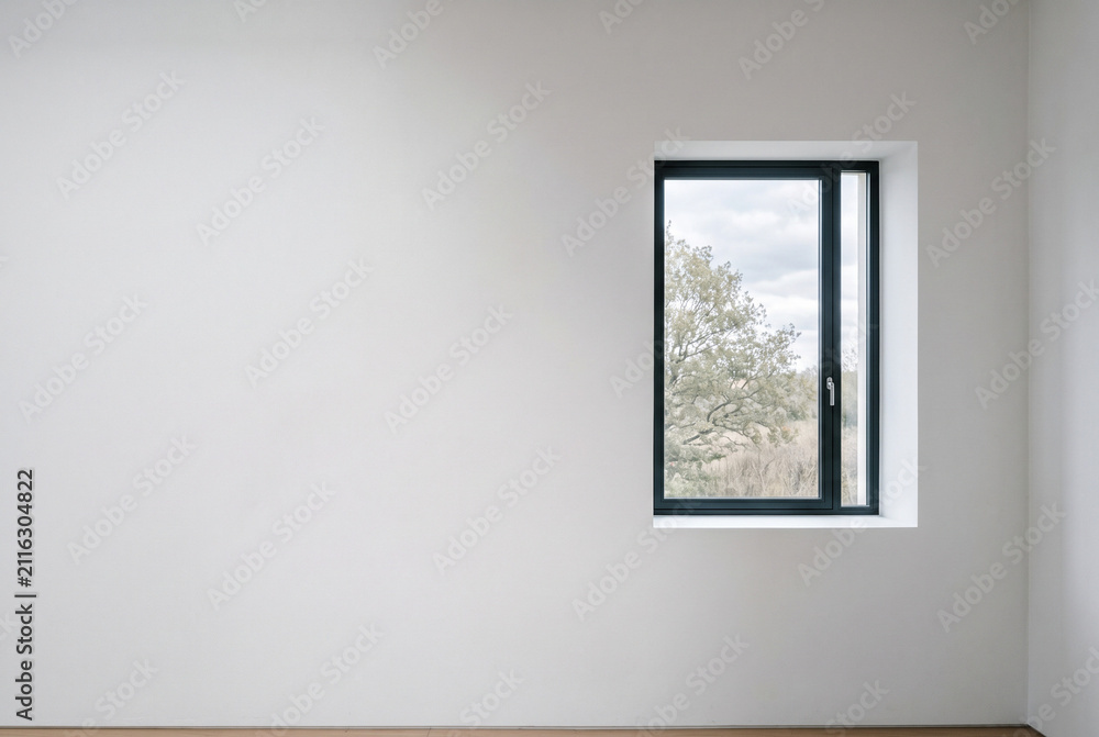 Fototapeta premium Single window in vast minimalist white wall, strong negative space composition