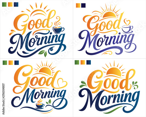 Collection of creative good morning typography designs featuring sun rays and coffee cup graphics.