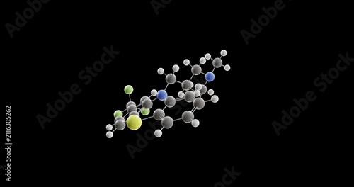 Triflupromazine molecule, rotating 3D model of typical antipsychotic, looped video on a black background
