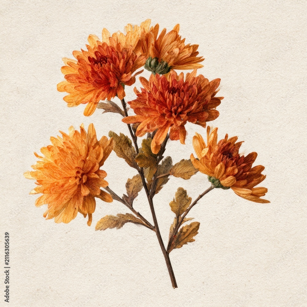 Obraz premium Orange chrysanthemum flower illustration with delicate watercolor style