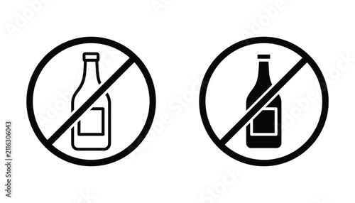 Foto No alcohol bottle sign icon set with cross out symbol in outline and solid black