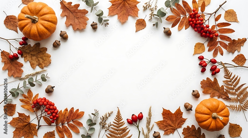 Obraz premium Autumn leaves and pumpkin frame. Fall harvest border with berries on white background.