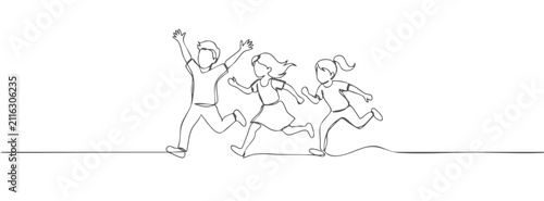 Continuous one line drawing of happy children running and playing together, minimalist outline illustration representing childhood, friendship, outdoor play, joyful moments, active lifestyle.