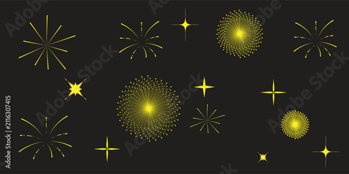 Golden Sparkle and Firework Elements Collection on Black Background