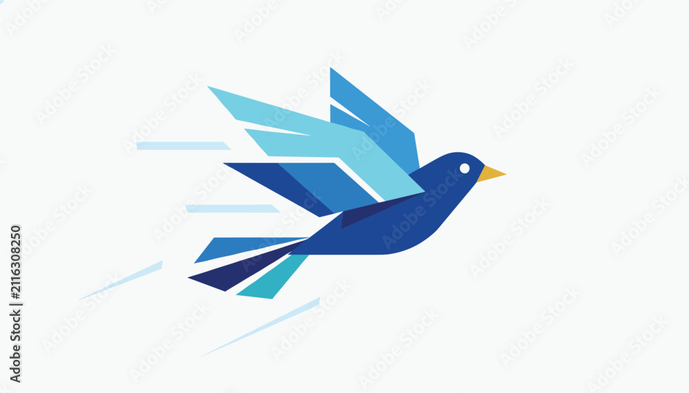 Fototapeta premium Stylized blue flying bird icon designed with geometric origami shapes against a soft grey background.
