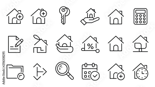 Real estate and property management icon set, home search, mortgage, contracts, insurance, location, housing symbols, line vector illustration.