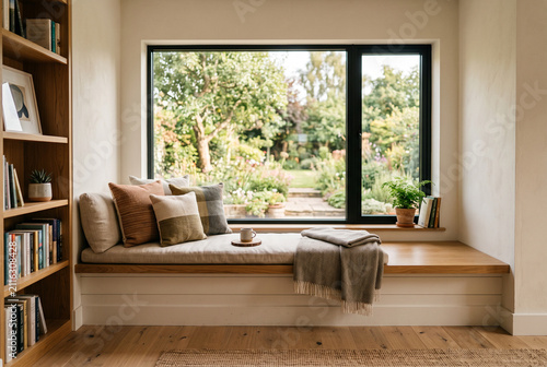 Window with integrated bench seat below in contemporary residential interior