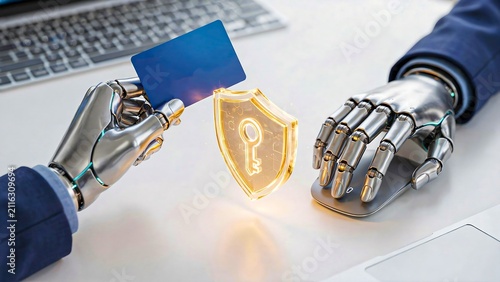 Robotic hands protecting digital cybersecurity shield during secure online payment transaction