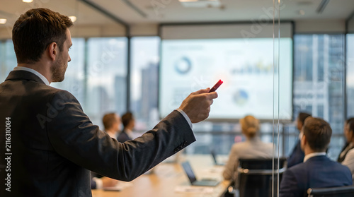Businessman uses a red laser pointer to highlight financial growth trends on a large projection screen during a formal presentation to his attentive corporate team.