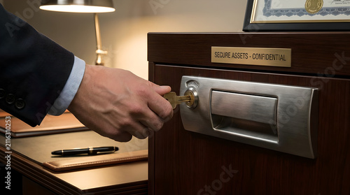 Businessman inserts a brass key into a secure wooden filing cabinet drawer labeled with a confidential metal plaque inside a dimly lit private executive office.