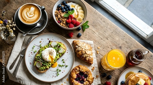 A delicious brunch spread featuring avocado toast, pastries, fruit, and coffee, laid out on a wooden table