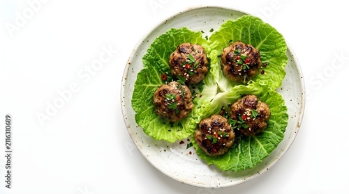 Healthy chicken meatballs with garlic and savory herbs served on fresh green cabbage leaves on a minimalist white plate