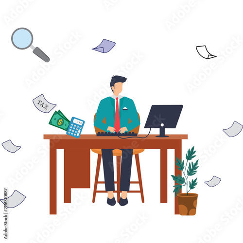 Tax accountant working at office desk, financial professional calculating taxes and expenses, business man managing paperwork and money, flat vector illustration