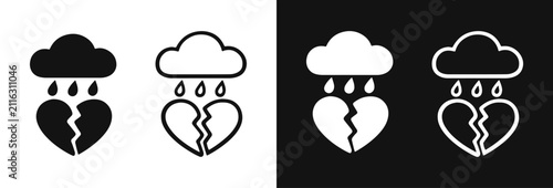 Obraz na płótnie Broken heart with rain cloud icon set, heartbreak and sadness symbol