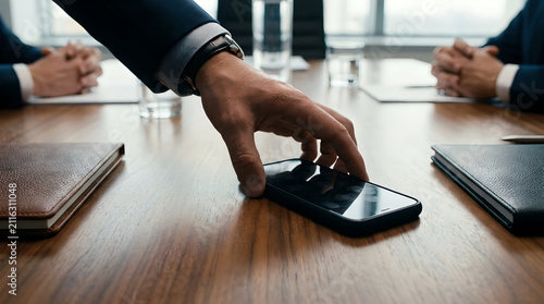 Businessman places a sleek black smartphone on a long wooden conference table during a high-stakes corporate meeting with colleagues in a modern glass-walled office environment.