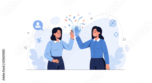 Two women high-fiving celebrate success with confetti, symbolizing teamwork, achievement, and victory in a modern flat illustration style.