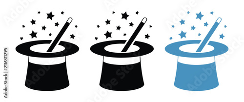 Fotografía Magic Hat Icon Set, Magician Top Hat, Wand, Rabbit Trick, Abracadabra Vector Collection for Fantasy Entertainment, Illusion Art, Magic Accessories, Performance Icons and Creative Vector Illustration