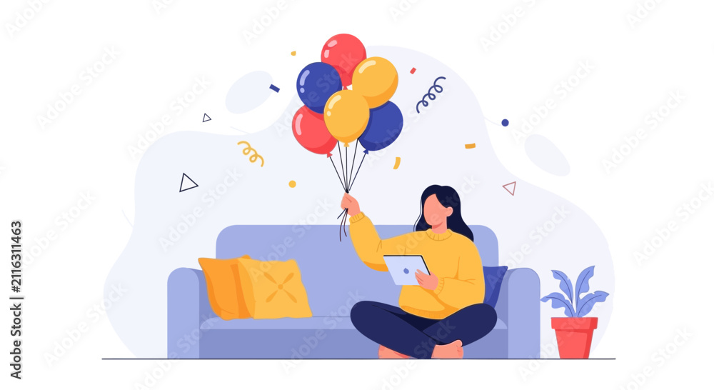 Obraz premium Woman with Balloons and Tablet Sitting on Sofa, Celebrating Indoors