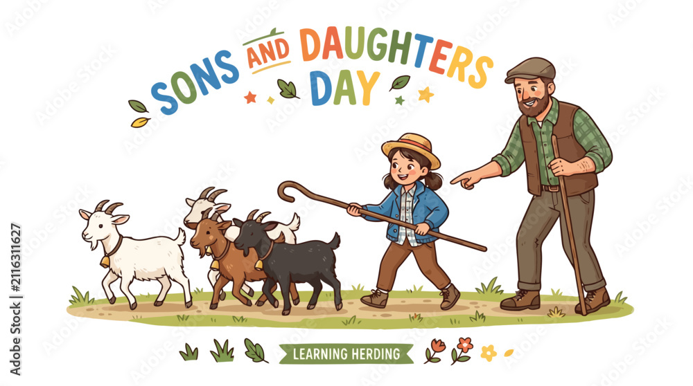 Naklejka premium Young girl learning goat herding skills from experienced farmer in rural agricultural setting for educational day
