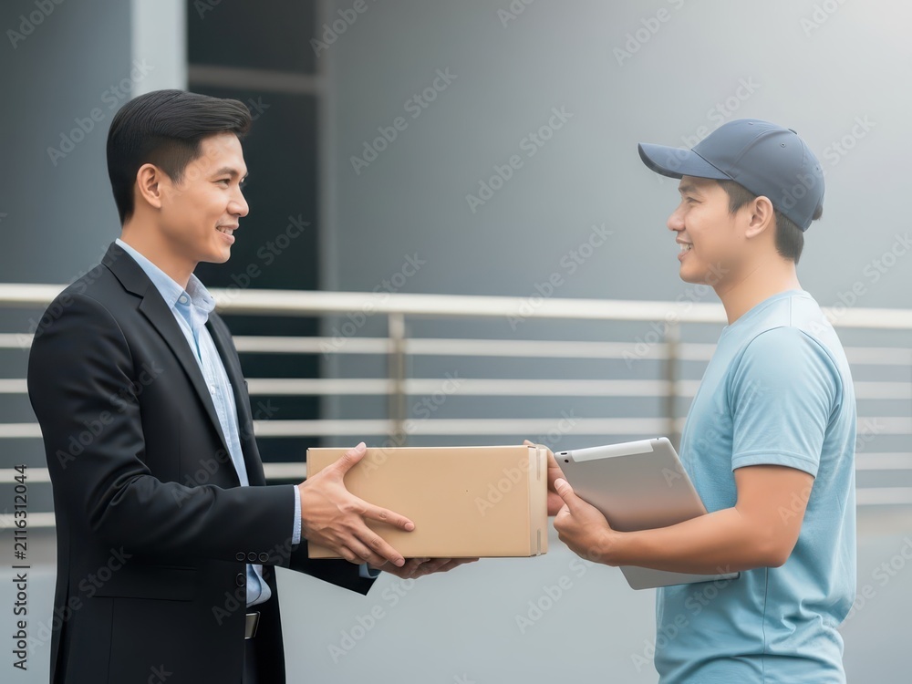 Fototapeta premium A professional businessman in a suit receiving a package from a delivery courier holding a digital tablet for signature