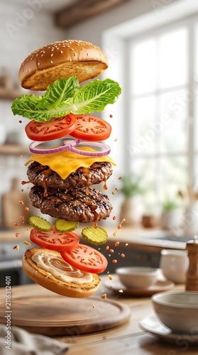 Delicious Floating Gourmet Cheeseburger With Fresh Layered Ingredients Suspended Above A Wooden Kitchen Countertop