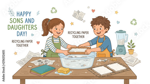 Young boy and girl working together to recycle paper in wooden frame for Happy Sons and Daughters Day project