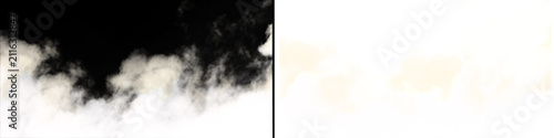 Dense white smoke clouds on black and transparent backgrounds offer realistic atmospheric effects for movie production and high quality photographic compositing work.