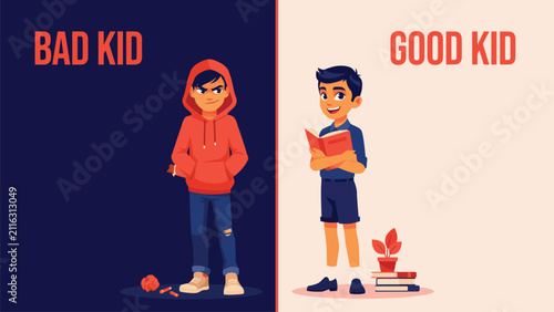 Obraz na płótnie Vector illustration of comparison between a bad kid and a good kid showing behav