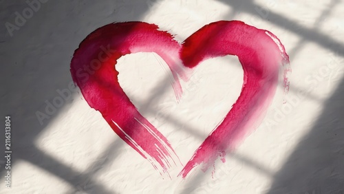 Watercolor Heart Shape Painted on Textured Surface with Sunlight and Shadow Abstract Romantic Symbolism