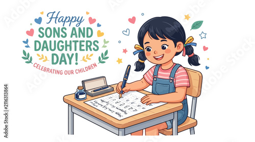 Young girl practicing calligraphy at desk for Sons and Daughters Day celebration creative hobby vector illustration