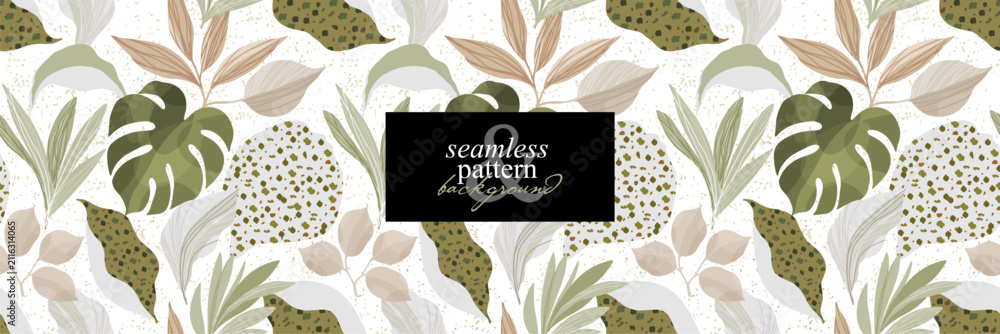 Obraz premium Seamless botanical pattern. Vector abstract modern illustration of a monstera leaf, nature, organic shapes, tropical plant for fabric, textiles, wallpaper, floral packaging, background, wrapping