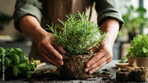 Person gently holding, planting rosemary herb with visible roots, emphasizing organic gardening at home. Indoor greenery, eco friendly practices promote wellness, natural beauty in everyday life