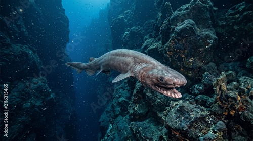 Frilled Shark in Deep Sea Trench: A rare and ancient frilled shark, with its primitive appearance and sharp teeth, navigates through a deep, rocky underwater trench.