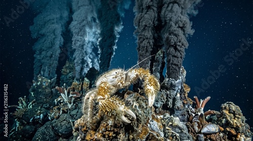 Hydrothermal Vent Explorer: A mysterious yeti crab thrives in the extreme depths near a volcanic black smoker, showcasing the resilience of life in Earth's darkest ocean frontier.