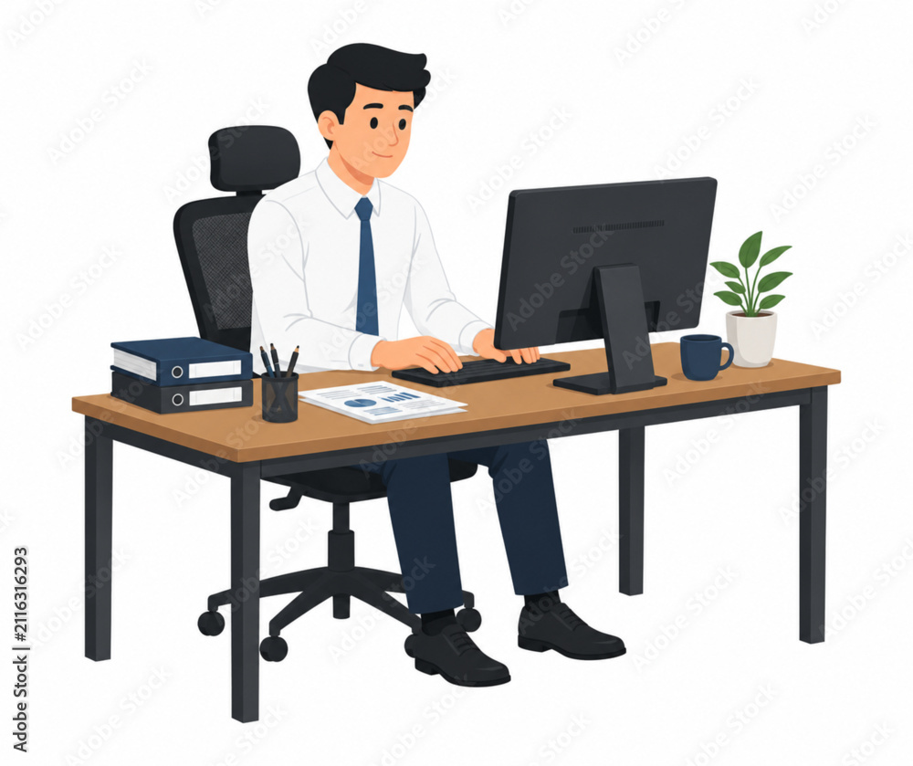 Fototapeta premium Businessman Working at Computer in Modern Office Workspace – Professional Office Employee Illustration