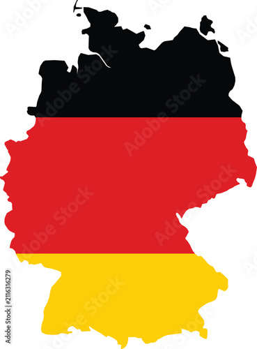 Germany map filled with the national flag colors, isolated on a transparent background. High-quality vector illustration featuring the geographic outline of Germany with the black, red, and gold flag.